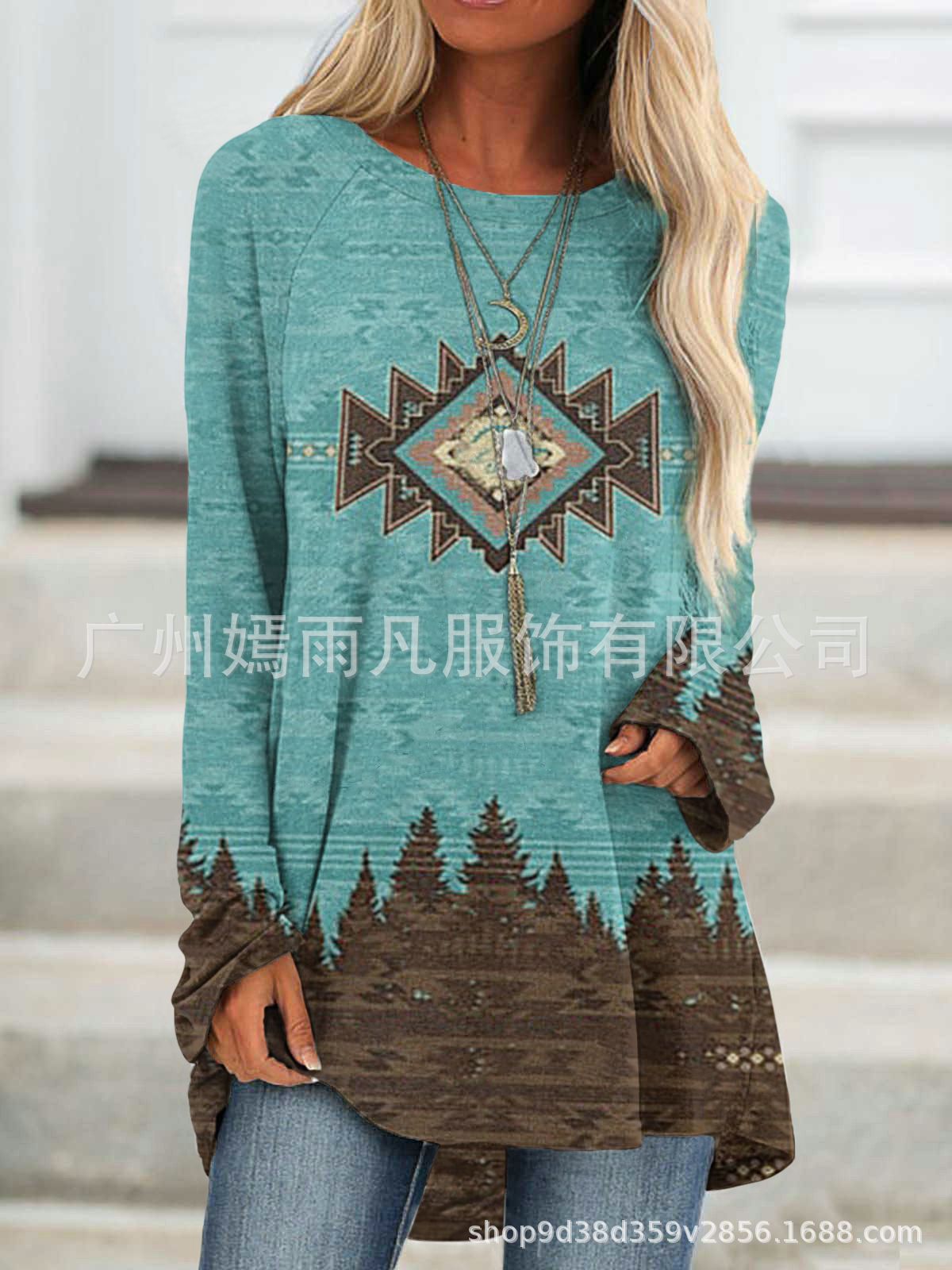 Wholesale Printed Round Neck Western Style Raglan Sleeve Loose T-Shirt